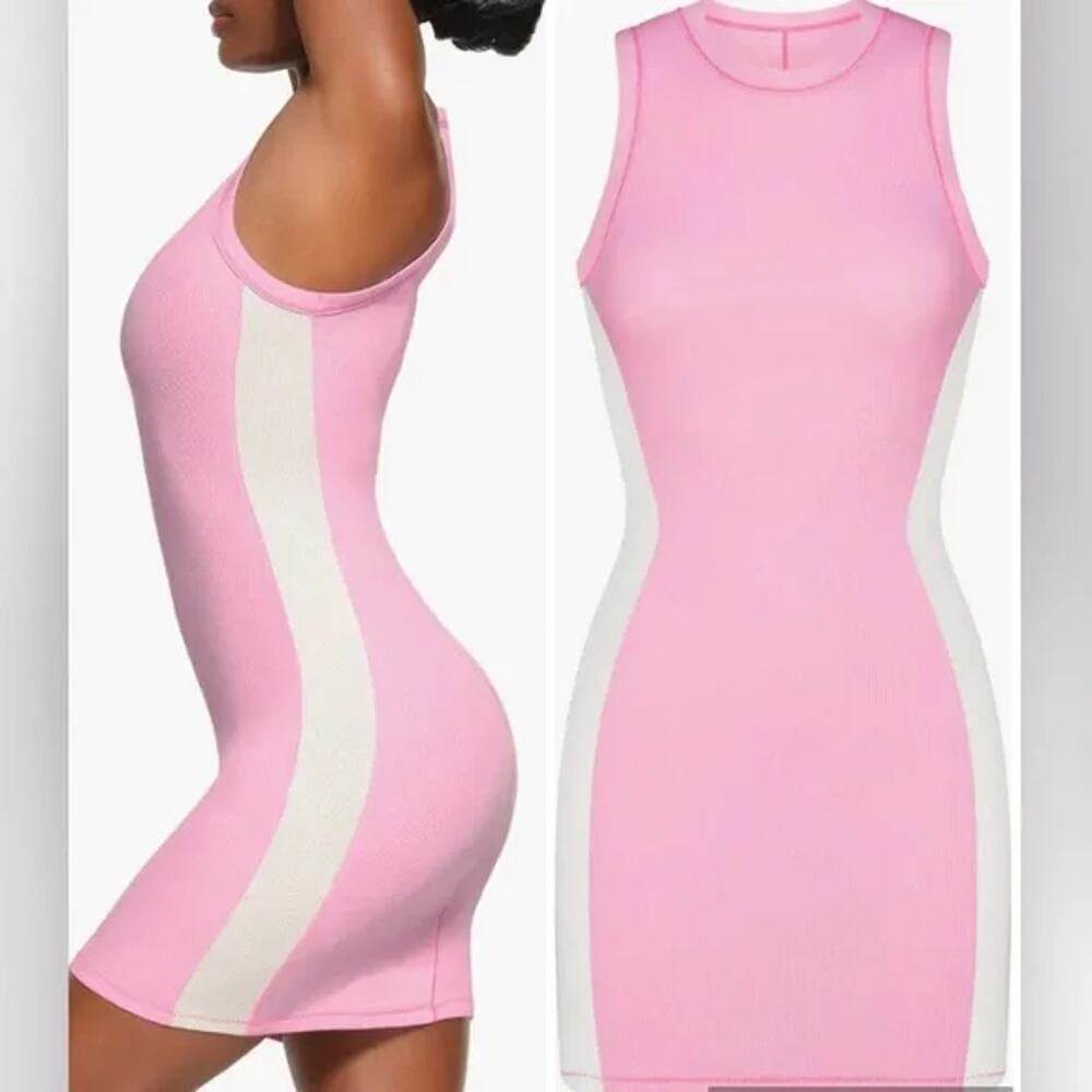 SKIMS Cotton Rib Tank Dress Bubblegum Pink Marble Barbiecore Preppy SZ L